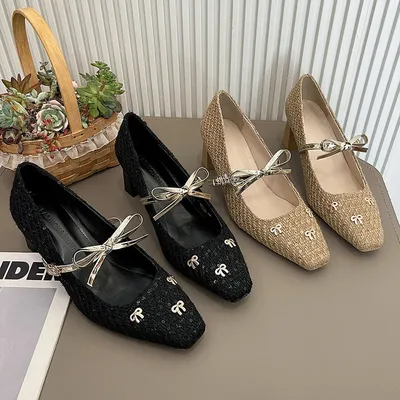 2026 New Women's Square Toe Bowknot Woven Mary Jane Chunky Heel Pumps