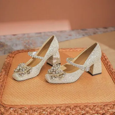 2025 New Champagne Rhinestone Bow Mary Jane Heels Fairy Style Ankle Strap Chunky Heel Pumps