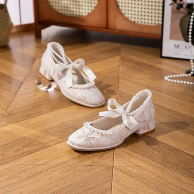 2026 New Jacquard Mary Jane Low Heel Women's Shoes - Pearl Ribbon Bow Square Toe Flared Single Shoes - Soft And Versatile Wedding Shoes