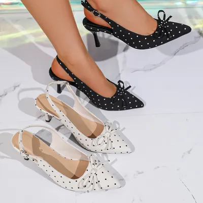 2026 Spring Summer New Arrival French Luxury Polka Dot Pointed Toe Backless Sandals, Women Elegant Stiletto Closed Toe Trendy Heels