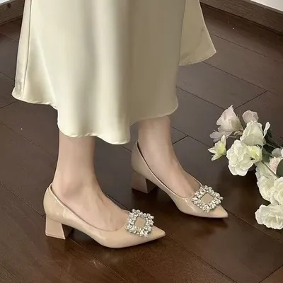 2026 French Elegant Pointed Toe Low Cut Shoes For Women, Rhinestone Square Buckle, Commute Casual Block Heel Pumps