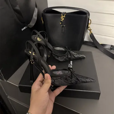 2026 New Black Lace High Heels For Women, Bow Single Strap Buckle Pointed Closed Toe Summer Sandals