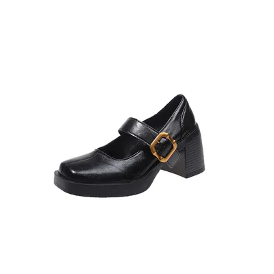 2026 New Women Minimal British Style High Heel Square Toe Flats, Vintage Metal Buckle Single Strap Silent Commuter Mary Janes