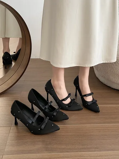 2026 Spring New Arrival Women's Black Elegant Pumps, Rhinestone Square Toe Thin Heel Bow High Heels, Unique Designer Style