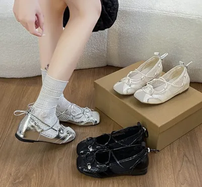 2026 Summer French Mesh Ballet Flats, Hidden Heel Breathable Hollowout Mary Jane Shoes For Women, Beige Silver Black