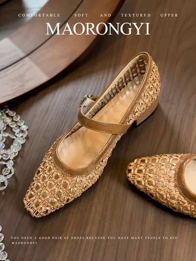 2026 Retro Woven Hollow Breathable Square Toe Block Heel Women's Single Shoes Summer One Strap Mary Jane Sandals