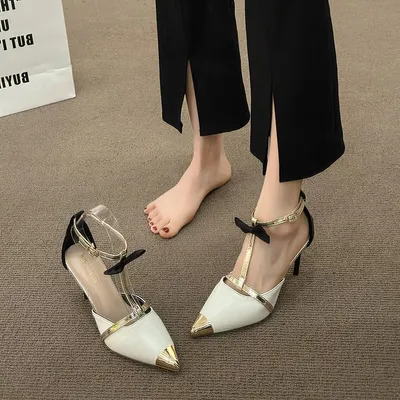 New Gorgeous Comfortable High Heels, Bow Decor Metal Closed Toe Cutout One Strap Stiletto Sandals For Women