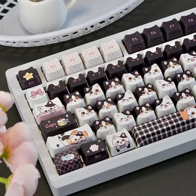 Cute Cow-cat Head Black Kawaii 5-sided Sublimated PBT Keycaps Compatible With 68758799108 Magnetic Switches
