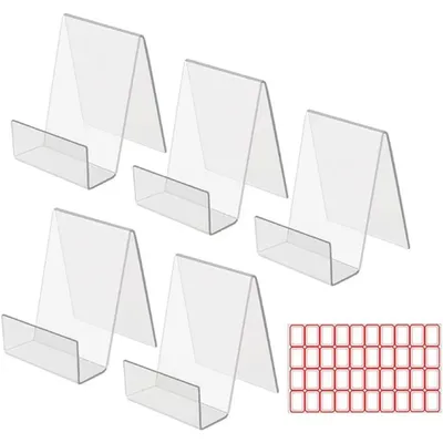 Clear Acrylic Book Stands, Set Of 5 + Red Labels – Transparent Book Stands For Books & Recipes – Versatile Display Stands For Kitchen, Office, & Decorative Items