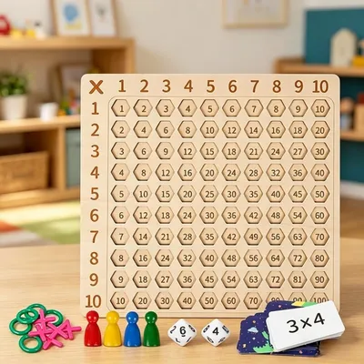 Multiplication Board Educational Game With Number Cards And Wooden Game Pieces For Math Practice And Party Decorations