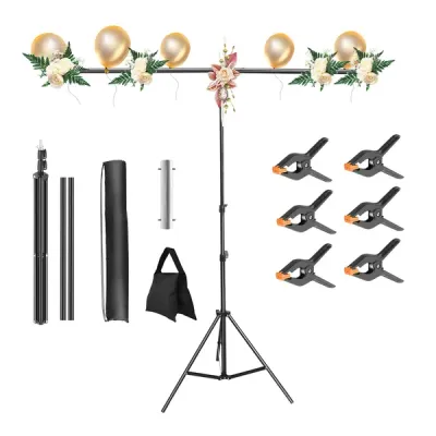 5×6.5FT T-Shape Photo Video Backdrop Stand Heavy Duty Background Stand Adjustable Photography Backdrop Stand With 6 Spring Clamps Sandbag Carry Bag For Studio Party Wedding