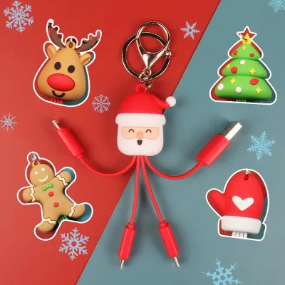 Christmas 3-in-1 Data Cable Creative Cartoon Multi functional Portable Keychain Santa Charging Cable