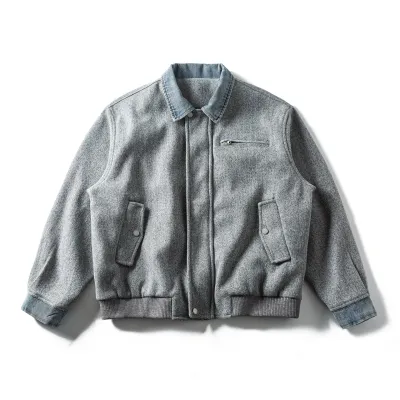  Wool Blend Patchwork Denim Lapel Jacket Men's Casual Loose Fit Outerwear