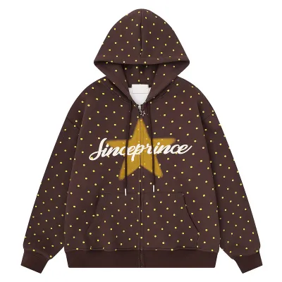 Coffee colored printed small yellow dot hooded zipper cardigan