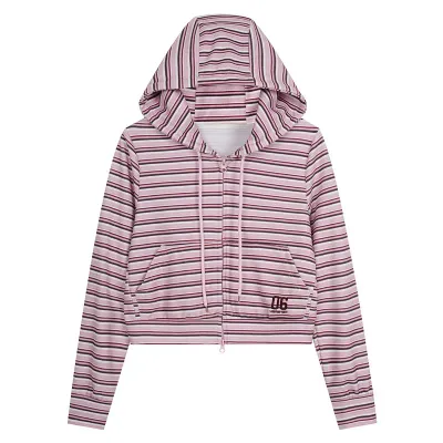 Horizontal stripe slimming hooded zipper jacket