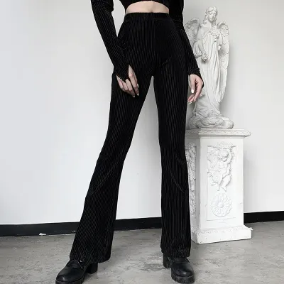 Black Retro High Waisted Slim Mopping Flared Pants Women's Pit Strip Casual Girls Wide-Leg Pants