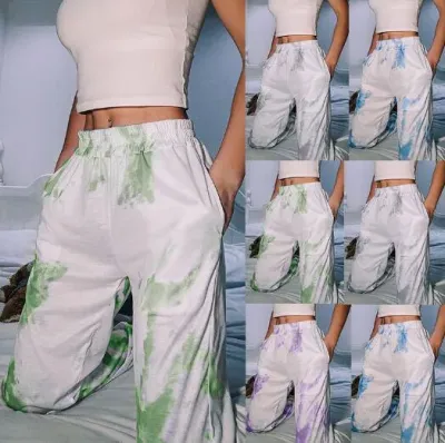  Spring and Autumn Loose High Waist Trousers Women's Casual Tie-Dye Print Loose Pockets Elastic Waist Harem Pants