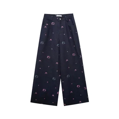 Cartoon printed high waisted straight leg jeans for women