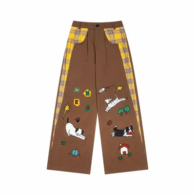  Retro Cute Dog Embroidery Color Block Plaid Casual Long Pants Unisex Loose Straight Wide Leg Trousers