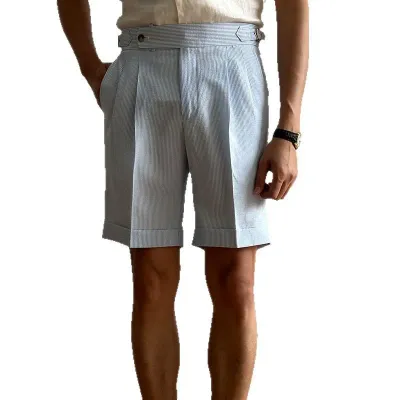 Blue striped high waisted straight leg British casual shorts