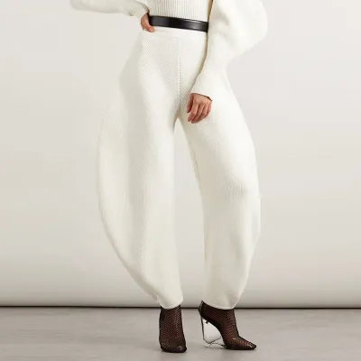 Autumn New High Waist Silhouette Knitted Long Solid Color Women's Fleece Covering Street Trendy Pants