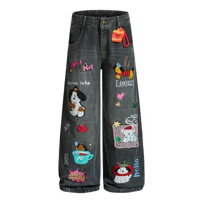  Washed Straight Jeans for Women Loose BF Street Style Floor-Length Pants