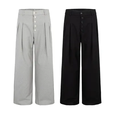 A-line Pleated Design Five-Button Trousers for Men, Loose Straight Leg Slightly Wide Breathable Solid Color 