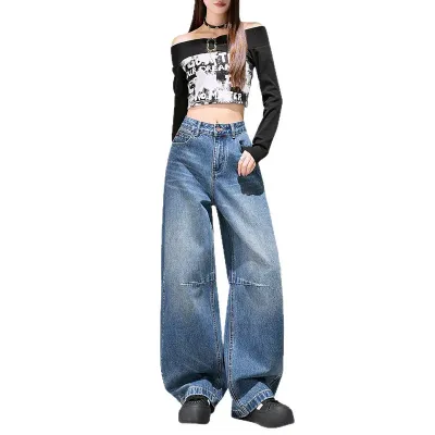 Blue Wide-Leg Knife-Style Denim Pants for Women 