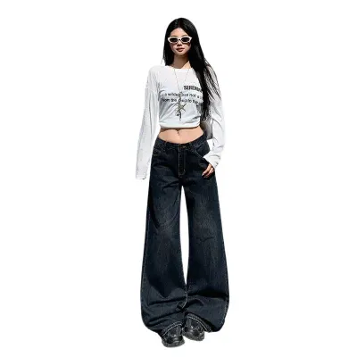 Blue Gray Wide-Leg Denim Pants Waist Loose Slimming Drape Straight Leg Floor-Length Pants
