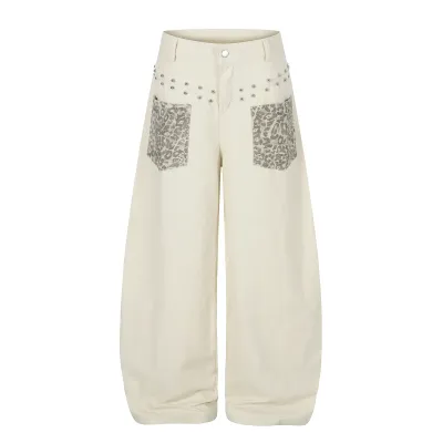  Studs Leopard Print Pocket Wide Leg Jeans Women Loose Straight Casual Long Pants