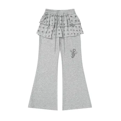  Sweet Girl Style Star Ruffle Flared Pants for Women, Music Note Embroidery Slim Fit Long Pants