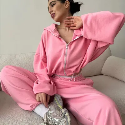 Women's Casual Set: Solid Color Long Sleeve Zip-Up Hoodie with Drawstring, Loose Elastic Bottom Pants Two-Piece Set
