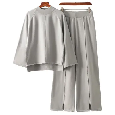 Solid color round neck sweater wide leg pants set