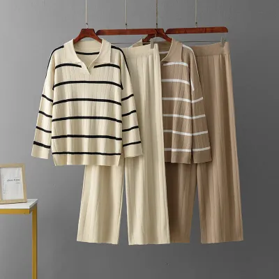 Striped V-neck high waisted wide leg pants two-piece set