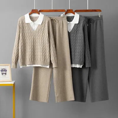 POLO collar splicing top loose straight leg pants two-piece set