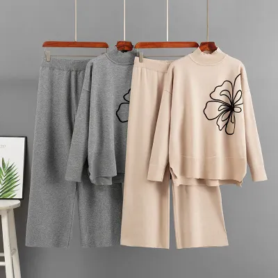 Long sleeved flower sweater wide leg pants two-piece set for women
