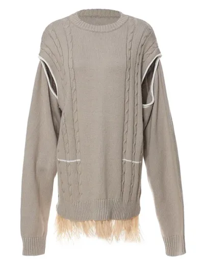  Fashion Women's Sweater Round Neck Loose Hollow Out Ostrich Feather Patchwork Hem Knitted Pullovers Autumn