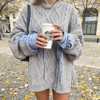  Women Sweater Drawstring Striped Shirt Piled Sleeve Stitched Knitted Sweater All Match Bottoming Pullovers Loose Tops