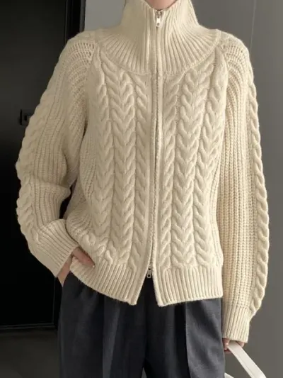  Solid Color Knitted Sweater Coat Women Zipper Turtleneck Long Sleeves Clothing Casual