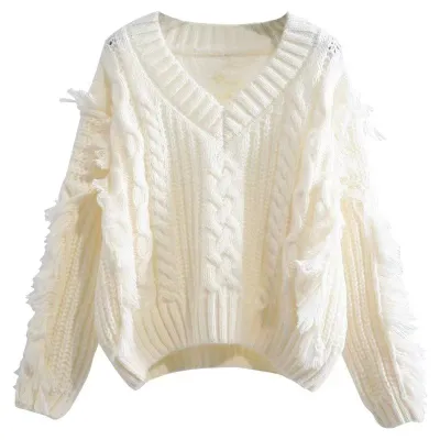  Vintage Knitting Tassel Sleeve Sweater Fashion Solid Color New V-neck Collar Pullover Top Autumn Winter New Women
