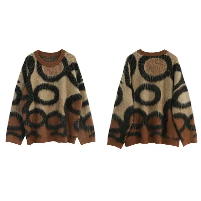  Fashion Women's Knitted Pullover Round Neck Mohair Graphical Long Sleeve Loose Gradient Sweater Winter 