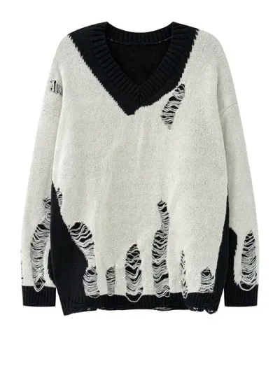  Gray Holes Big Size Casual Knitting Sweater V-Neck Long Sleeve Women Pullovers New Fashion Tide Spring Autumn 