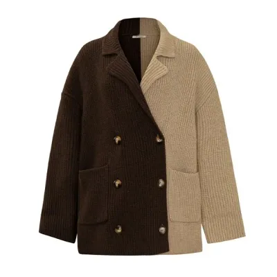  Fashion Women's Knitted Cardigan Lapel Contract Color Single Breasted Pockets Warm Thick Sweater Winter 
