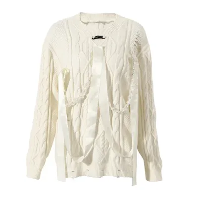  Fashion Women's Sweater Round Collar Long Sleeve White Bowknot Pearl Chain Perforated Sweaters Autumn Trend New 