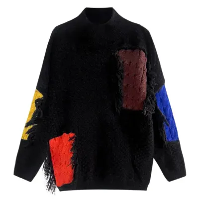  Women Sweater Tassel Patchwork Asymmetry Turtleneck Oversize Pullover Sweaters Color Matching Knitting Tops Long 