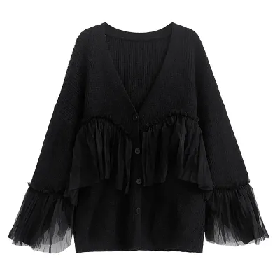  Women Sweater Mesh Patchwork Asymmetry Long Cardigan Sweater Irregular Loose Oversize Knitting Tops Women 