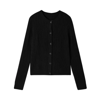  Wool Crew Neck Solid Color Cable Knit Cardigan Women's Casual Versatile Long Sleeve Sweater Coat Elegant Top