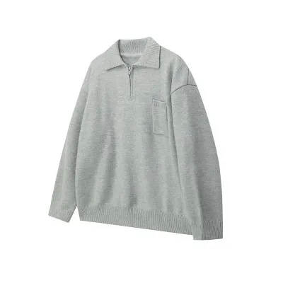  Loose Solid Color Half-Zip Polo Neck Pullover Sweater 