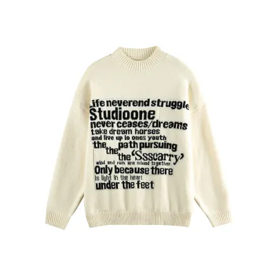  Multi-line Slogan Long Sleeve Round Neck Knit Sweater