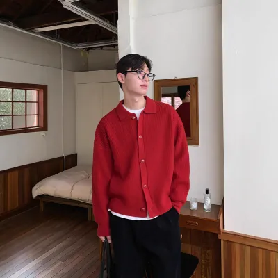  Solid Color Long Sleeve Turn-down Collar Knit Cardigan for Men